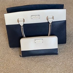 Kate Spade navy & white color block satchel purse with matching wallet